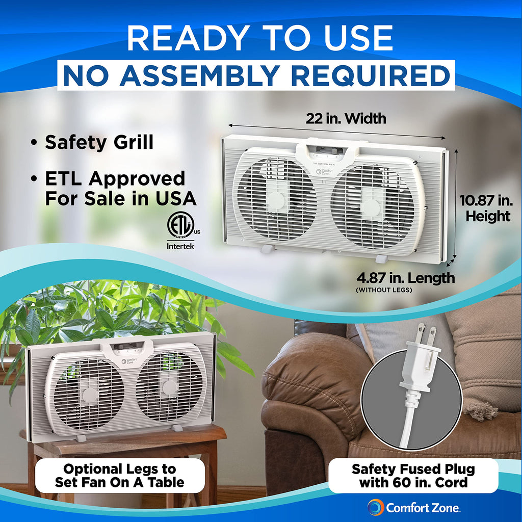 Comfort Zone Window Fan for Bedroom, 9 inch 3 Speed Dual Fans with Auto-Locking Expanders, 3 Modes (Cool, Circulate, Exhaust), Remote Control, Fabric Cover plus Bug Screen, White