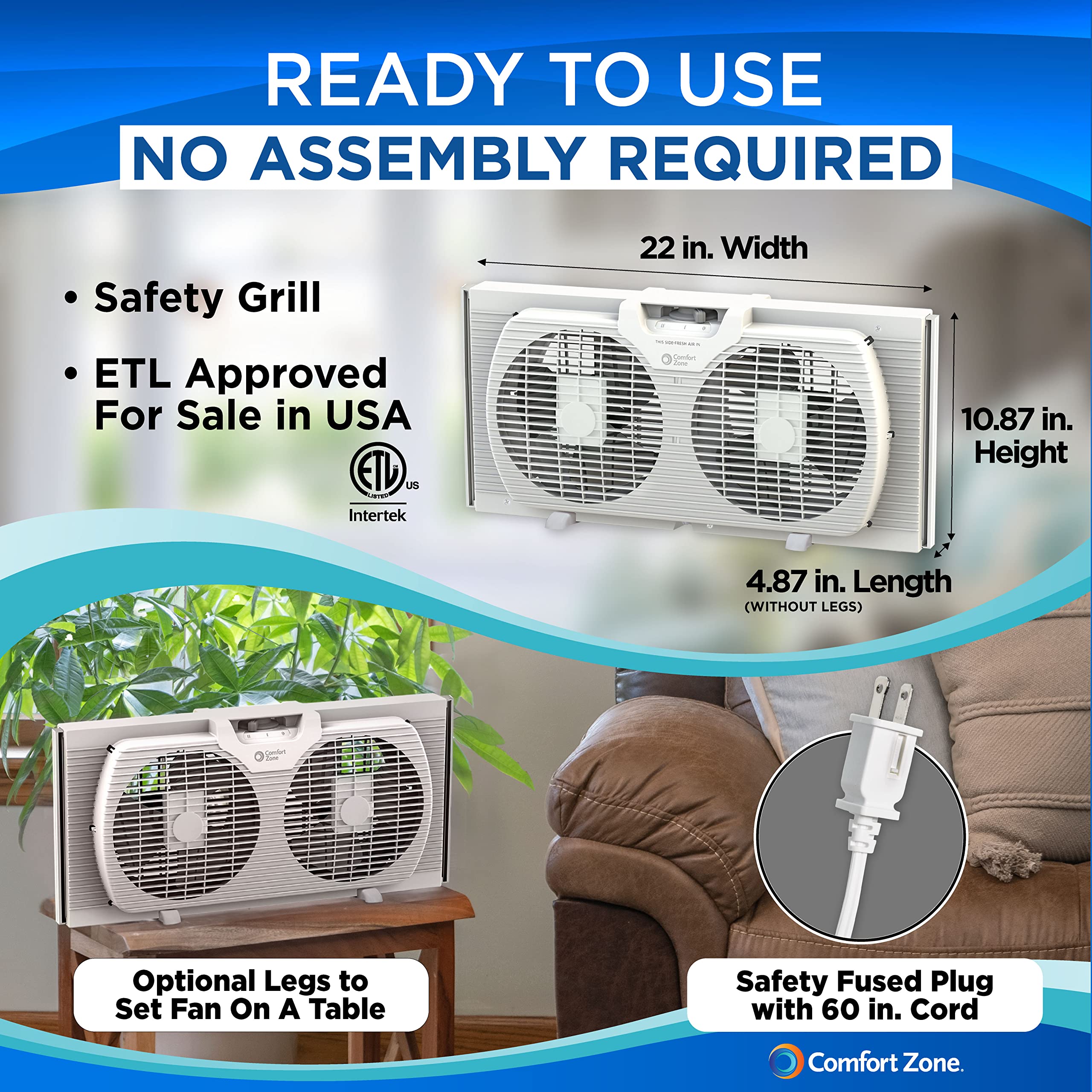 Comfort Zone Window Fan for Bedroom, 9 inch 3 Speed Dual Fans with Auto-Locking Expanders, 3 Modes (Cool, Circulate, Exhaust), Remote Control, Fabric Cover plus Bug Screen, White