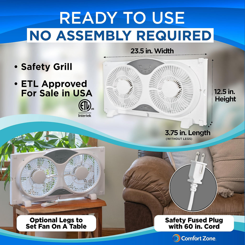 Comfort Zone Window Fan for Bedroom, 9 inch 3 Speed Dual Fans with Auto-Locking Expanders, 3 Modes (Cool, Circulate, Exhaust), Remote Control, Fabric Cover plus Bug Screen, White
