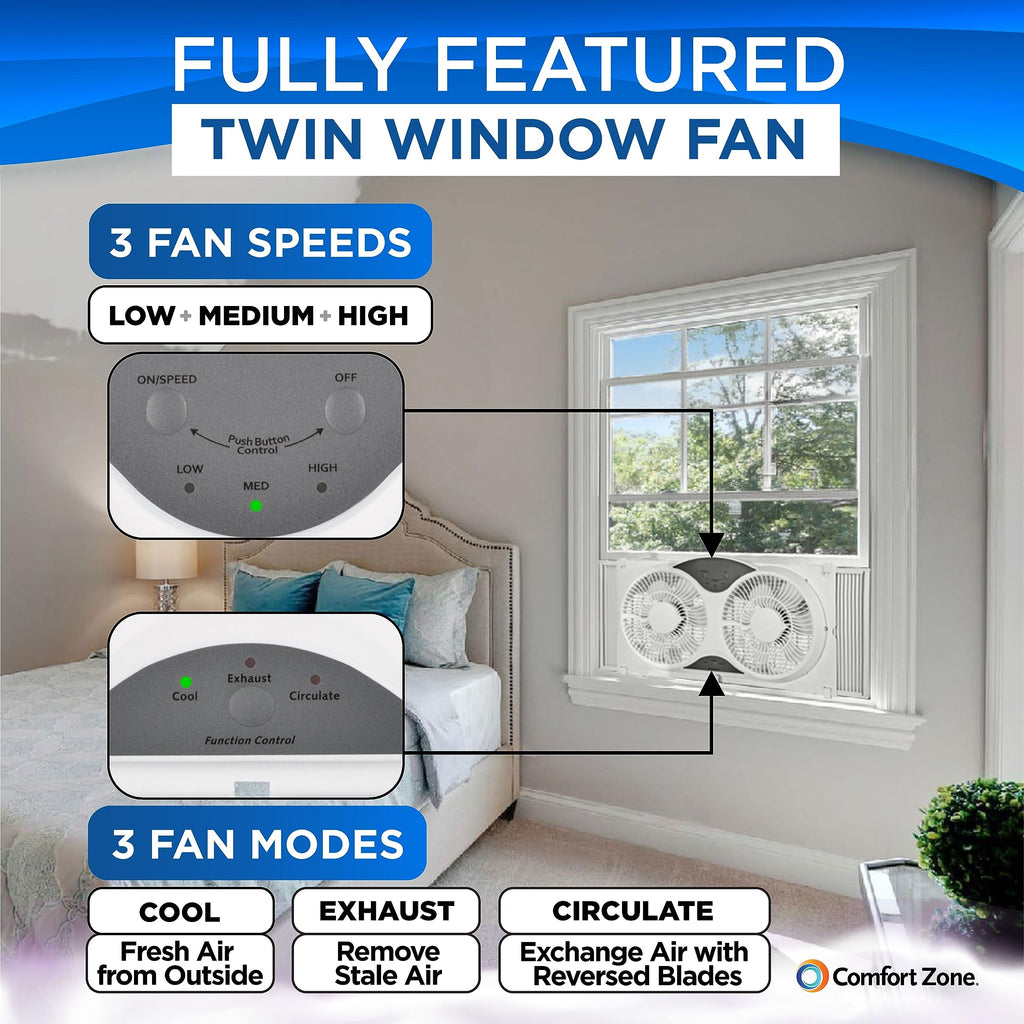 Comfort Zone Window Fan for Bedroom, 9 inch 3 Speed Dual Fans with Auto-Locking Expanders, 3 Modes (Cool, Circulate, Exhaust), Remote Control, Fabric Cover plus Bug Screen, White